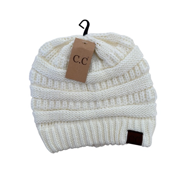 C.C Cream Knit Beanie with Cable Pattern - Picture 1 of 3